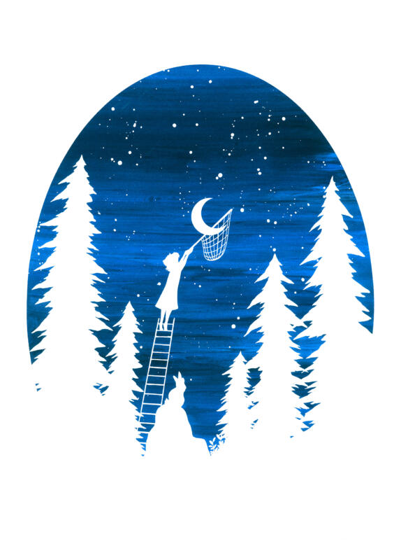Screentryck med en vit siluett mot en blå stjärnklar himmel med en månskära i mitten. Siluetten föreställer en granskog och i mitten står en stege riktad upp mot himlen. Högst upp på stegen står en barn med en håv uppsträckt mot månen som ser ut att bli nerplockad i håven. På en sten nedanför stegen sitter en kanin och blickar upp mot barnet och månen.