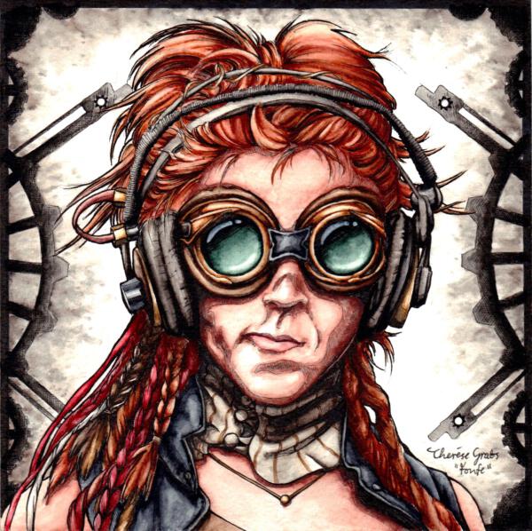 Porträtt i akvarell och tush föreställande artisten Lindsey Stirling, en dansande violinist, låtskrivare och creatör. Porträttet är en närbild framifrån i rödbruna nyanser. Bilden och hennes kläder är i stilen steampunk, med kugghjul i bakgrunden. Hon har goggles, flätor i röda och bruka nyanser, stora hörlurar, en randig krage och en grå väst. 