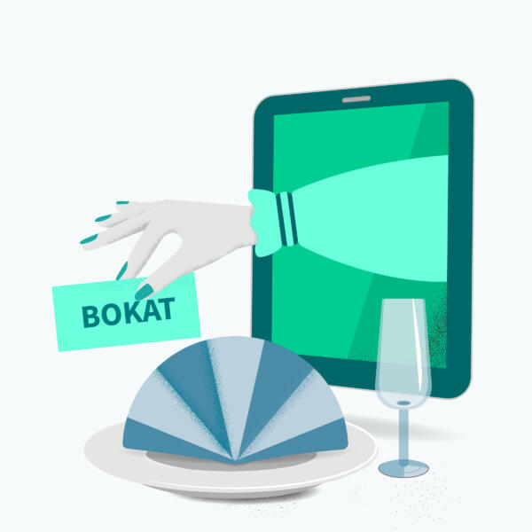 En arm sticker fram ur en iPad och placerar ett "bokat"-kort vid en tallrik