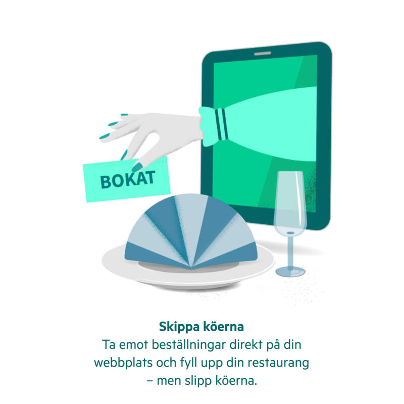 "Skippa köerna" illustreras en hand som placerar ett "bokat"-kort vid en tallrik med en fin servett.  