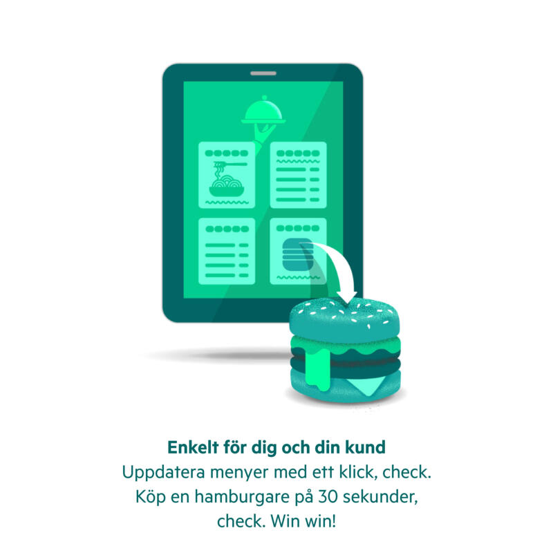 En iPad med olika rätter på menyn och en hamburgare som levereras från skärmen till bordet