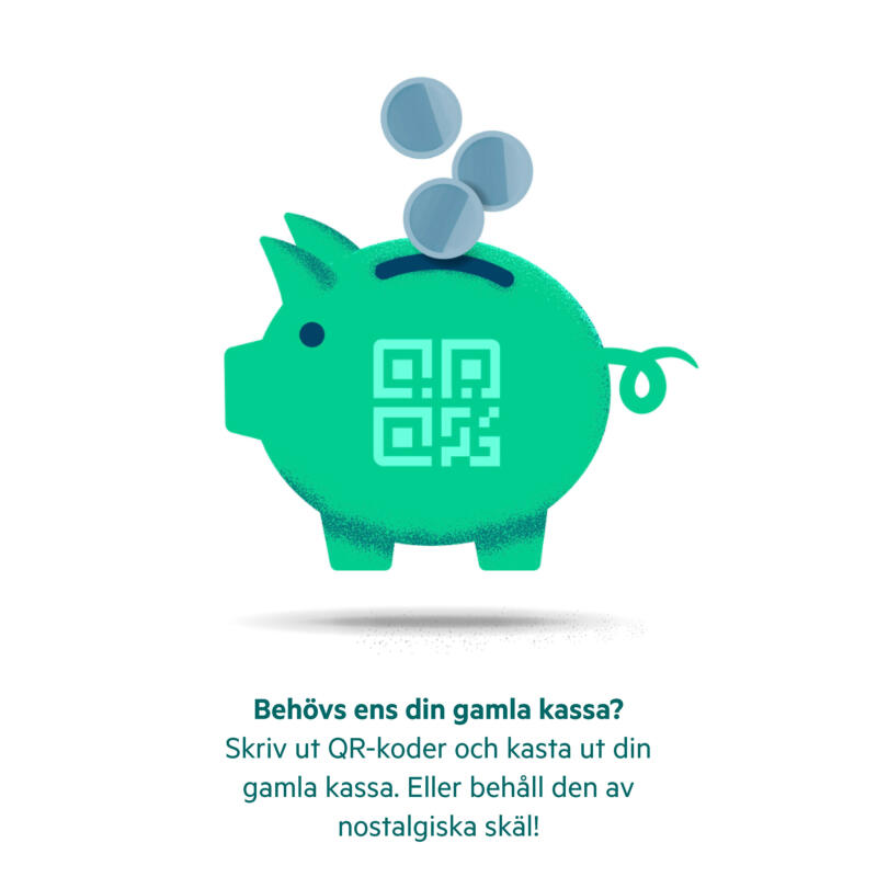 En spargris med en QR-kod på magen. Några mynt är på väg ner i grisen. 