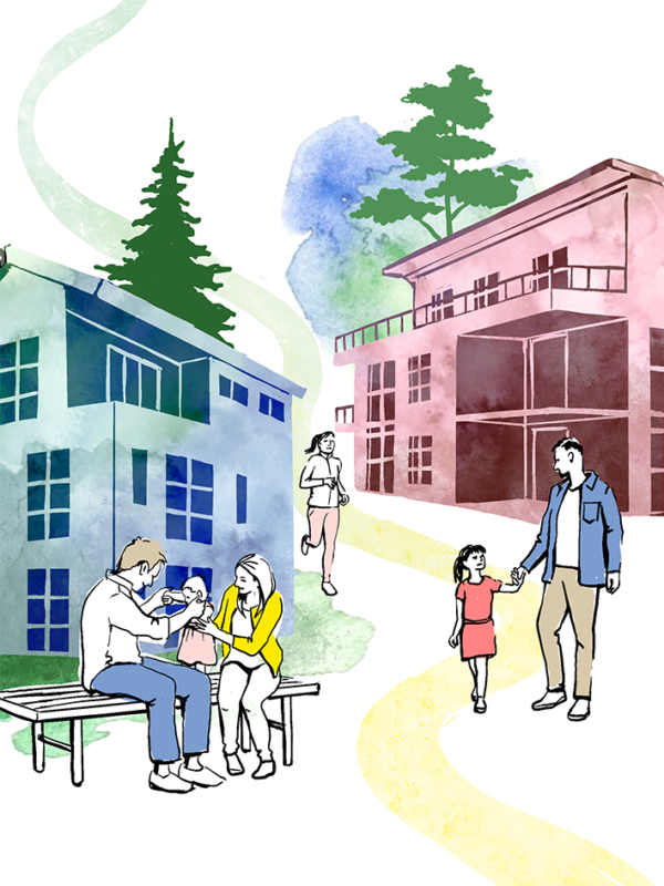 Akvarell, Digital illustration, Digitalt, Hälsa, Ikoner, Illustration, handtecknat, Skiss, Teckning, Teknik, Tusch, Vektor, Visualisering, Tecknat, digital teknik , Visuell kommunikation, hus, byggnad, byggnation, 2d bild, modern, villa, funkis, barn, familj, pappa, mamma, bostadshus
