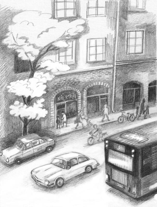 Biltrafik i Stockholm, illustration till kapitelboken Havsmonster på Finlansfärjan. 