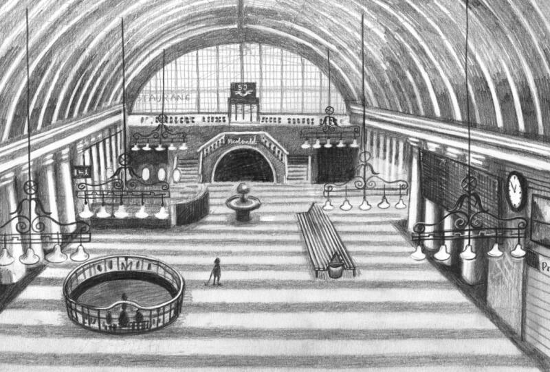 illustration till kapitelboken Vargar på T-centralen. Jack i den öde vänthallen på centralstationen. blyertsteckning av Stockholms centralstation.