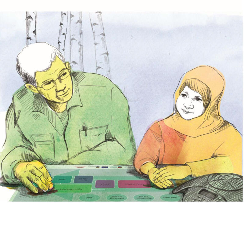 Vuxna och barn som ungdom pratar. Lugn illustration som ska ge trygghet och  väcka tankar.