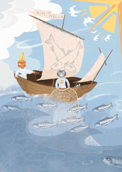 Två katter fiskar i en fiskebåt. Ovanför flyger måsar. Under båten är ett fiskstim som simmar mot ett nät som katterna slängt ut från båten. Solen skiner. Det blåser och syns bulliga moln.