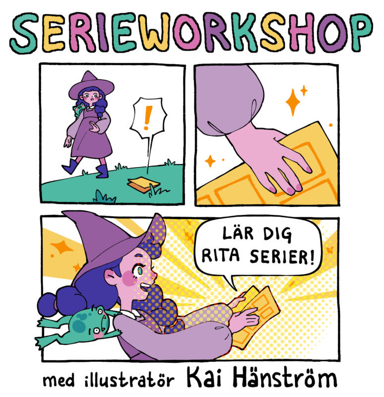Affisch för Serieworkshop workshop av illustratör Kai Häström. Lär dig teckna serier för barn och ungdommar och nybörjare.