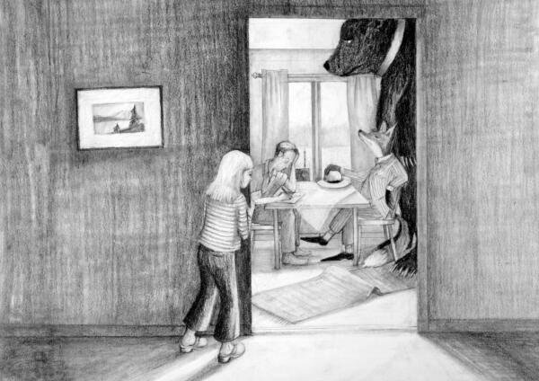 Blyerts illustrationer till kortfilmen Foxters. Föreställande pappan, barnet, räven och björnen.