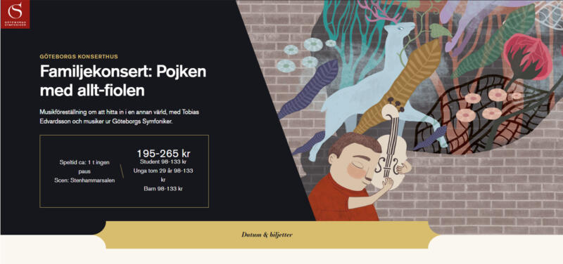 Reklam för en familjekonsert. Bilden föreställer en pojke som håller en fiol som musikens kraft strömmar från. 