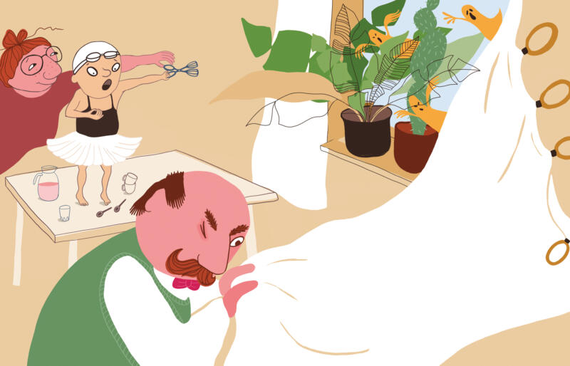 Digitalt tecknad bild där ett barn pekar på ett gäng spöken bland blommorna och en äldre man synar gardinerna på nära håll - och missar att se spökena.