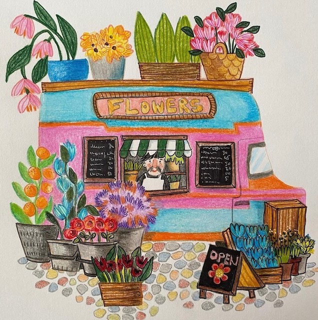 blomsterförsäljare, barnbok, bilderbok, färgpennor, färgglatt, barnboksillustratör, blommor, detaljerat