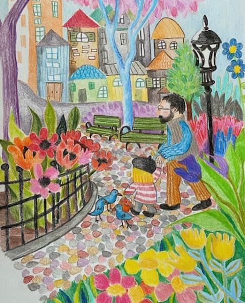 park, natur, blommor, pappa och barn, färgpennor, barnbok, barnboksillustratör, detaljerat