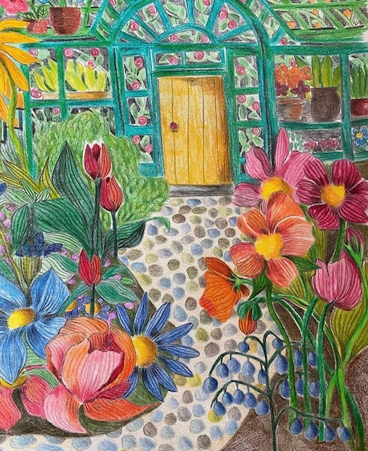 färgpenna, detaljerat, park, söndagsutflykt, blommor, pappa och barn, promenad