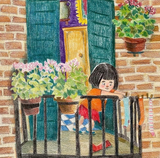 färgglatt, en flicka på en balkong, blommor, blomsterlådor, hänga tvätt, detaljerat.
