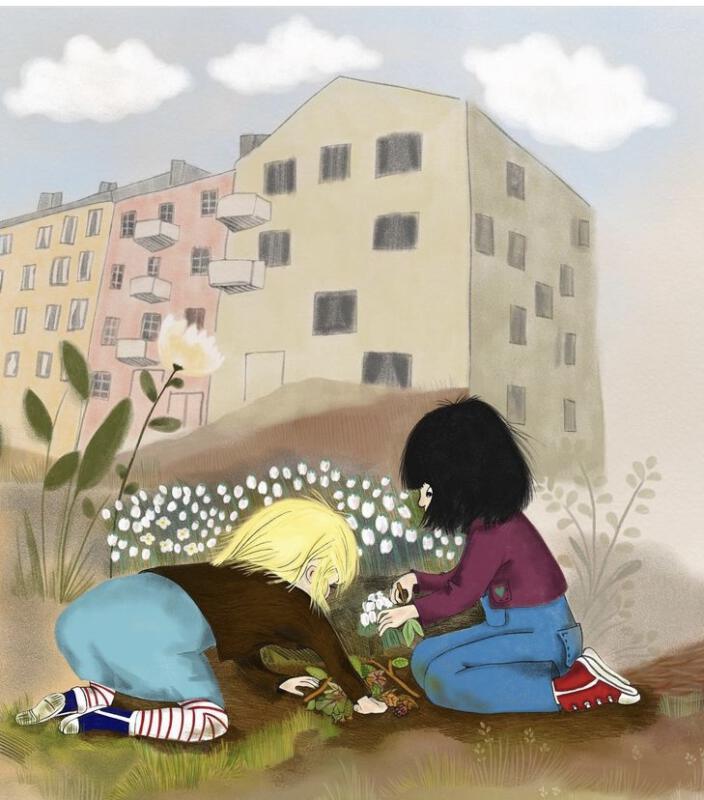 illustration från boken Marta och himlen, två flickor begraver en liten fågel bakom husen,