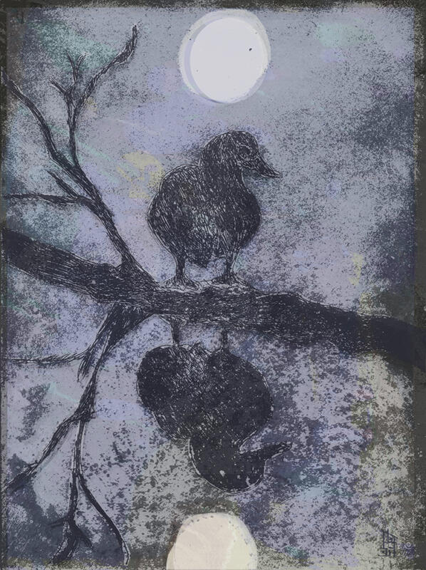 Duck and it's reflection, copper etching, screen print, collage, digital, Mixed Media Print, Fine Art Print, brainstorming process for graphic  pattern ideas. 30 cm x 40 cm