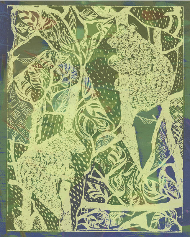Bears climbing a tree, copper etching, screen print, collage, digital, Mixed Media Print, Fine Art Print, brainstorming process for graphic  pattern ideas.  13 cm x 16,5 cm