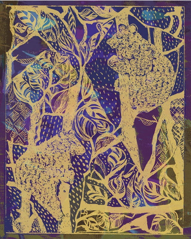 Bears climbing a tree, copper etching, screen print, collage, digital, Mixed Media Print, Fine Art Print, brainstorming process for graphic  pattern ideas.  13 cm x 16,5 cm