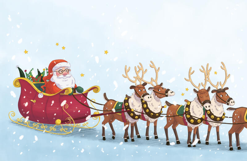 Tomte i släde, renar, redo att flyga