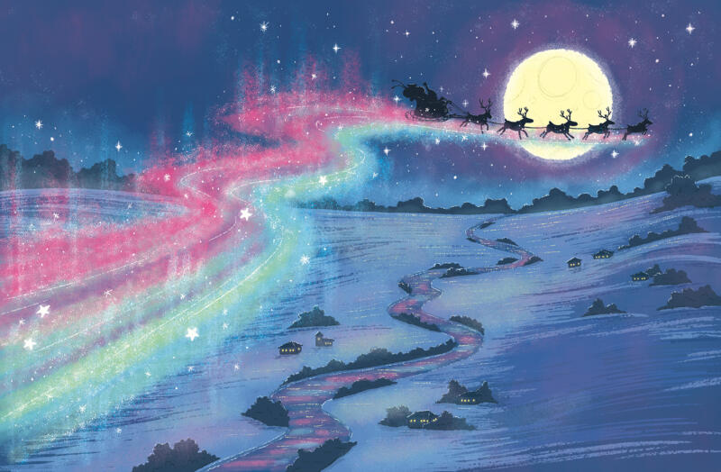 Tomte och renar flyger, norrsken, magi