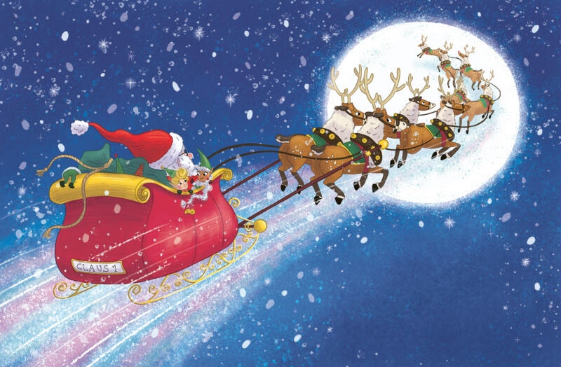 Tomte och renar flyger iväg, måne, nissar, julafton