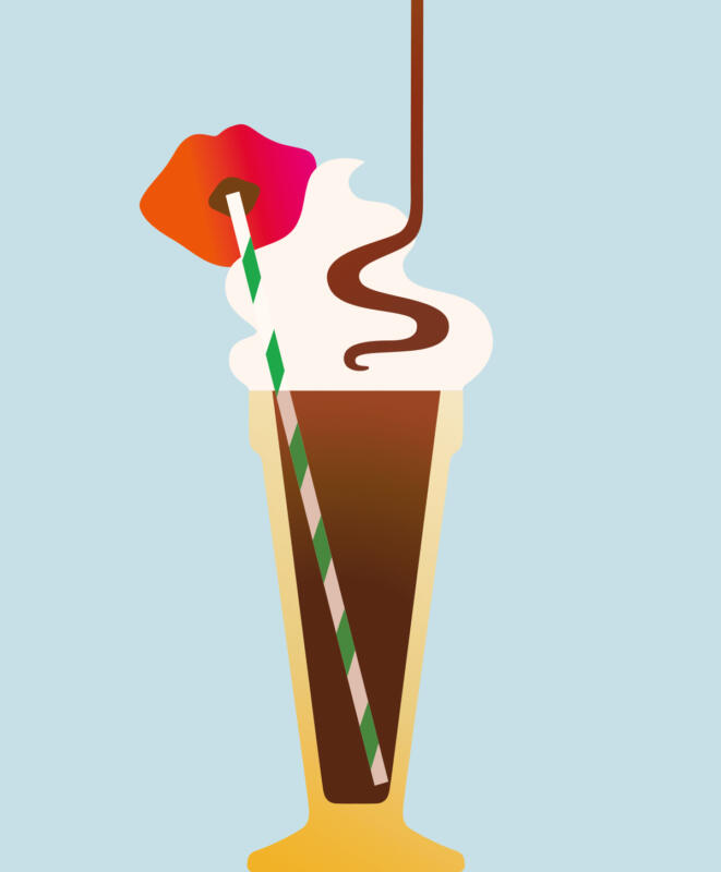 En röd mun med sugrör som dricker en chokladdrink med grädde 