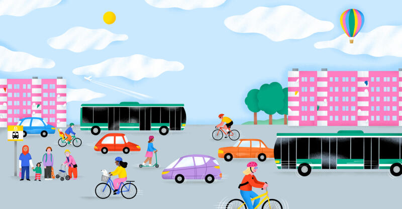 Illustration of city scene with diffrent means of transportation
