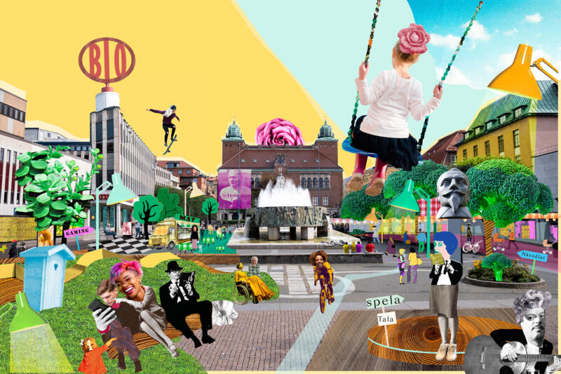 Framtidsvision för Stora Torget i Borås, illustration av Kati Mets för snurr Kommunikation
