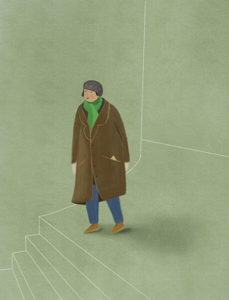 Illustration av Majken klädd i rock och mössa i trapphuset