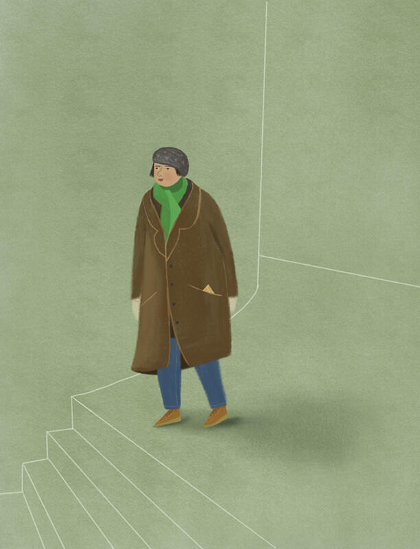 Illustration av Majken klädd i rock och mössa i trapphuset