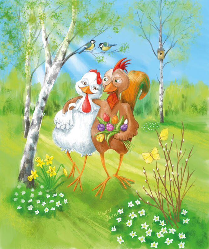 En vit höna och en brun tupp går bredvid varandra och ser kära ut. Tuppen håller en bukett tulpaner. De promenerar i en björkskog där det blommar av vitsippor och påskliljor.