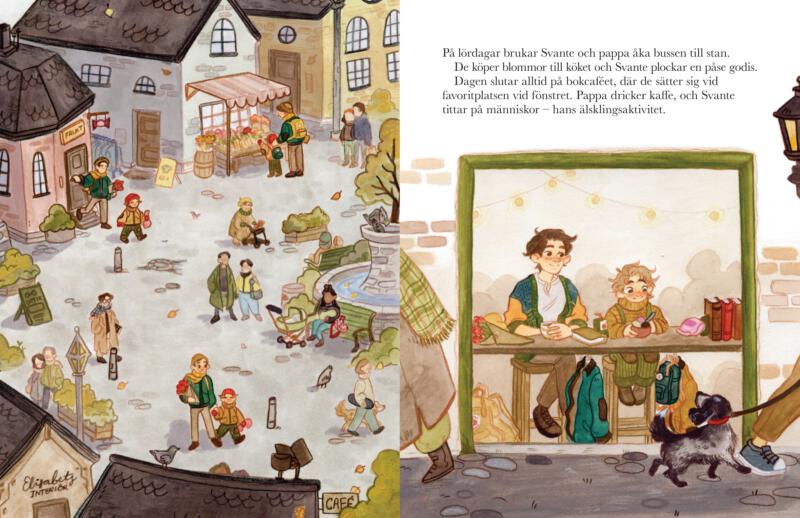 Uppslag från boken Ted på trean, målad i gouache och färgpenna. Föreställer ett torg, en pappa och son, en hund.