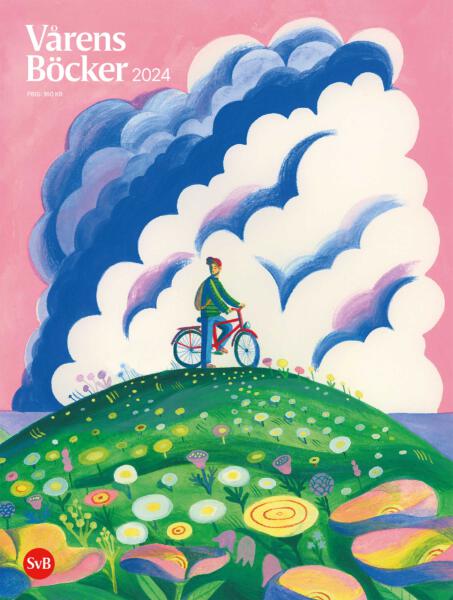 Omslagsillustration för Svensk Bokhandels vårkatalog. Person som cyklar i solnedgång med moln i bakgrunden. 
