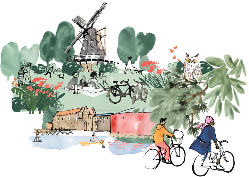 Illustration i blandteknik av människor på picknick i en park omgivna av träd och grönska, och två personer cyklandes förbi ett slott.
