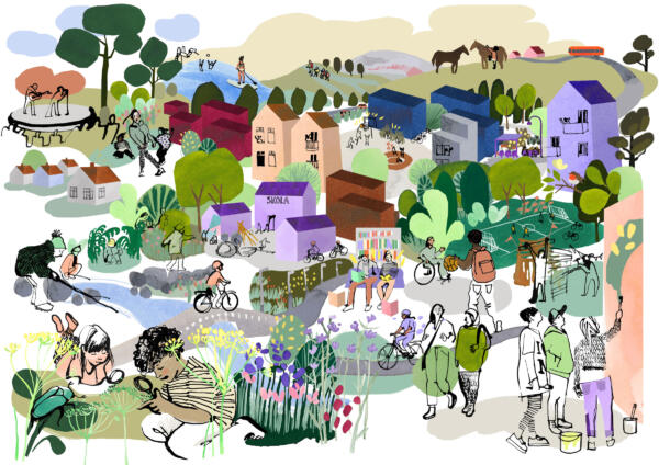 Färgglad och myllrande collagebild föreställande barn i olika situationer i stadsmiljö och natur.