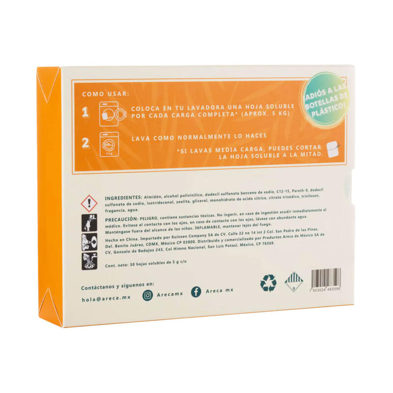 Back side of a Laundry Sheets Box in bright orange with the product description