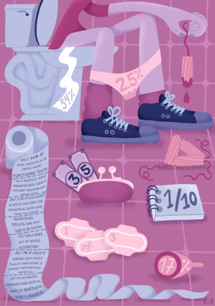 Skoluppgift på temat att skapa en affisch innehållande statistik kring ett viktigt ämne. Jag valde period poverty som innebär orättvisorna och vad det kan kosta att ha mens i olika delar av världen. Illustrationen föreställer en person som sitter på toaletten, på badrumsgolvet ligger olika menstrations-relaterade produkter och produkterna har siffror på sig. Siffrorna symboliserar olika statistiker och statistiken förklaras i text på toalettpappret. Bildens färgskala är starkt rosa, lila och blå. 