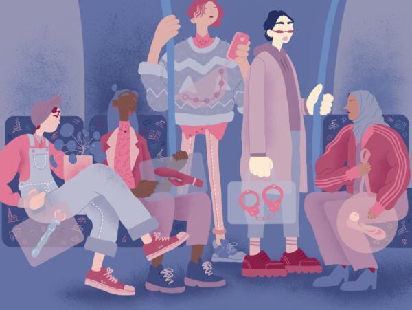 Digital illustration på temat skammen kring kvinnligt onani. Bilden föreställer en tunnelbanevagn med 5 tjejer, varje tjej har en väska som är genomskinlig och i varje väska syns en sexleksak. Färgskalan är mörkblå, ljusblå, mörkrosa och ljusrosa.