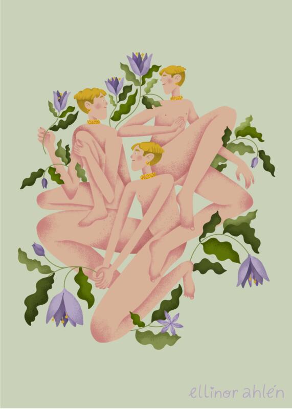 Milt avslöjande illustration av tre nakna män föreställande samma man i olika vinklar omgivna av lila blommor. Bakgrunden är mintgrön och blommorna samt mannens hud är en mild pastell-ton. 