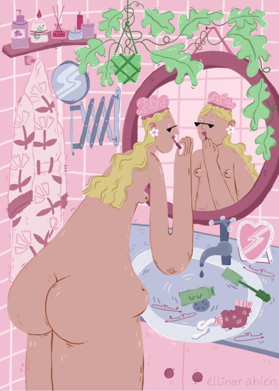 Illustration i samarbete med Lonovo och reklam för lanseringen av deras nya touch laptop med tillhörande penna. Bilden föreställer en tjej som står naken i sitt badrum och håller upp ett läppstift framför spegeln. Färgerna består av en färgskala av ljusblått, grönt, ljusrosa samt mörkrosa. Tjejen har på sig en badmössa och framför henne på handfatet ses smink ligga utspritt. Bakom henne syns en morgonrock på en krok och en hylla med badrumsartiklar. 