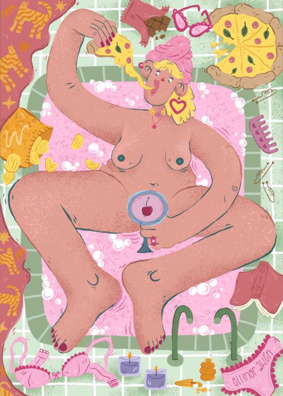 I samarbete med Lonovo som reklam för lanseringen av deras nya laptop med touch skärm och penna. Illustrationen är gjord digitalt och föreställer en tjej i badkaret som är fyllt med rosa bubblor. Hon är naken och äter pizza och täcker sitt kön med en drink fylld med ett körsbär. Runt om henne på kanten av badkaret ligger underkläder, nagellack, tända ljus, chips, choklad och solglasögon. Färgskalan är starkt rosa, orange och pastellgrön. 