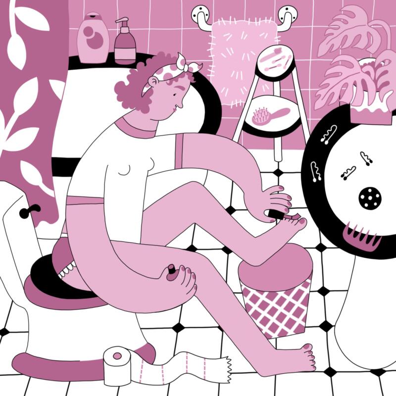 Jag har länge jobbat med skuggor och transparens i mina illustrationer och jag tyckte det vore en utmaning att göra en illustration med endast 3 färger, och endast konturer och utan raster. Digital illustration av en tjej i ett badrum som sitter på toaletten och målar naglarna. Färgerna är svart, vit, ljus- och mörkrosa. 