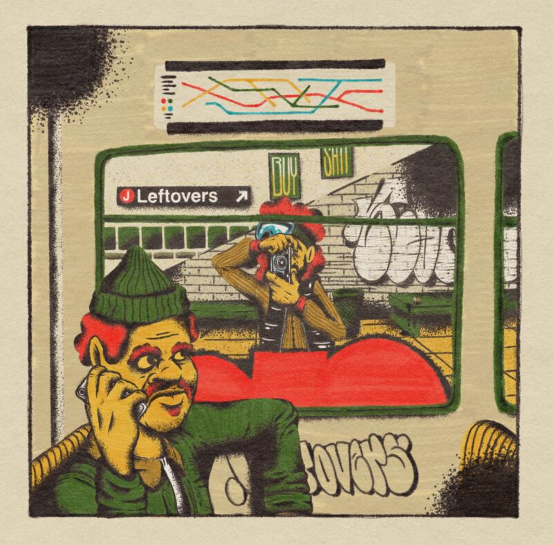 Digital illustration av termen "benching". Man som fotograferar graffiti på tunnelbanestation.