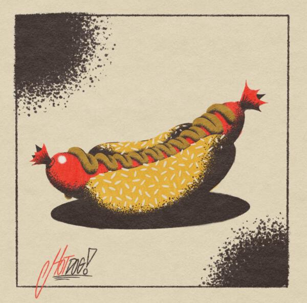 Illustration of a hot dog in a.