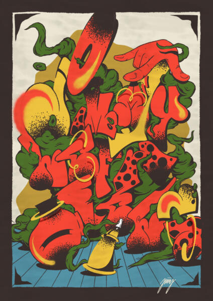 Graffiti lettering and illustration of the word Jimmy Leftovers