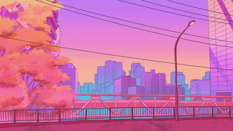 neon cityscape at sunset