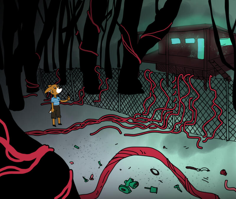 deer character finds factory covered in wires in woods
