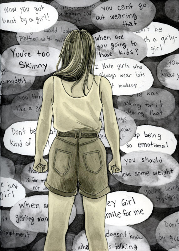 poster girl from behind anger speech bubbles with demands and opinions