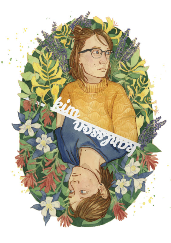poster self portrait in mirrored playing card style with flowers